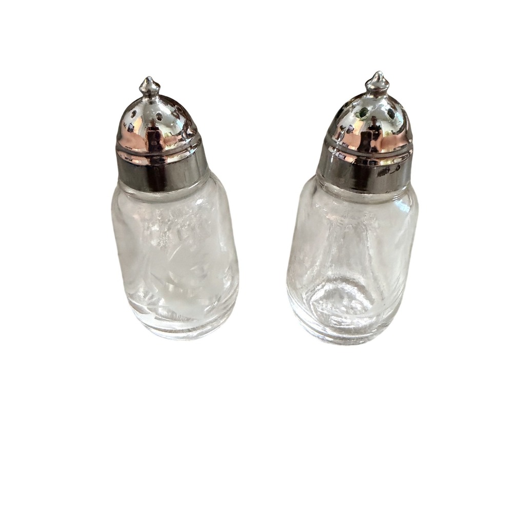 Vintage Atlas Clear Glass Salt and Pepper Shakers Silver Tone Metal Lids Set